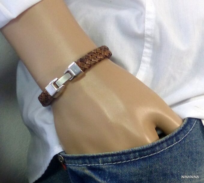 N3640h_bracelet_homme_cuir_tresse_fermoir_crochet_metal_argente
