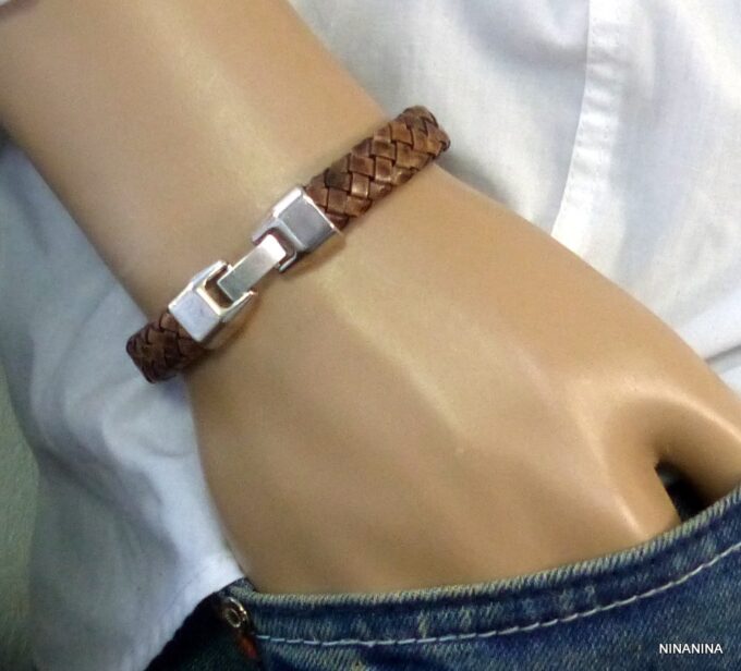 N3640j_bracelet_homme_cuir_tresse_fermoir_crochet_metal_argente