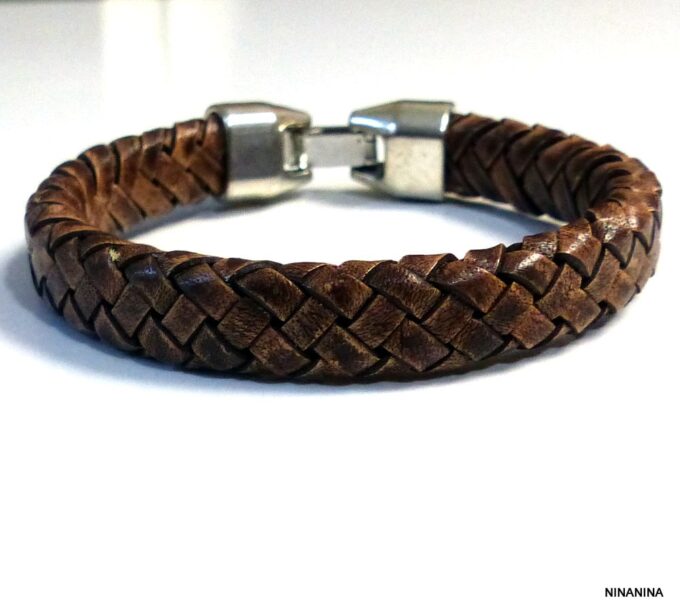 N3640k_bracelet_homme_cuir_tresse_fermoir_crochet_metal_argente