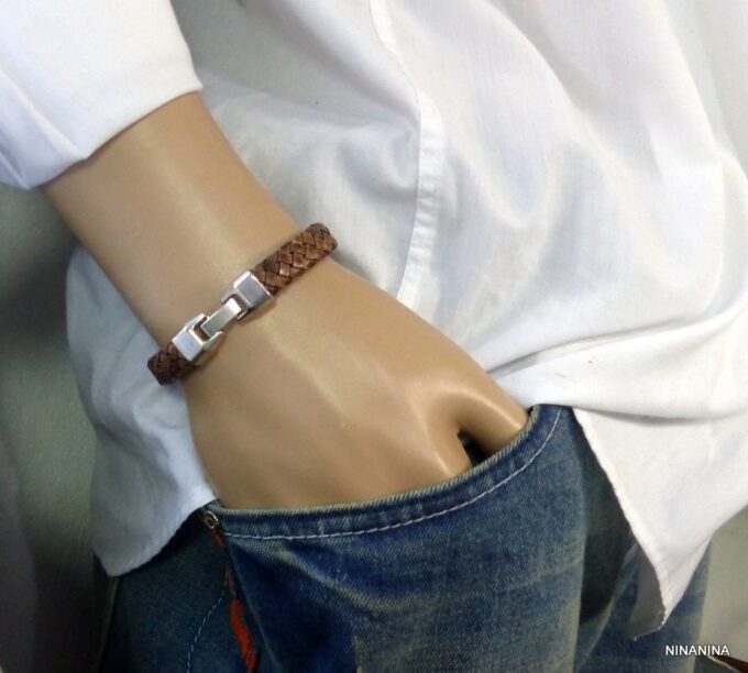 N3640l_bracelet_homme_cuir_tresse_fermoir_crochet_metal_argente