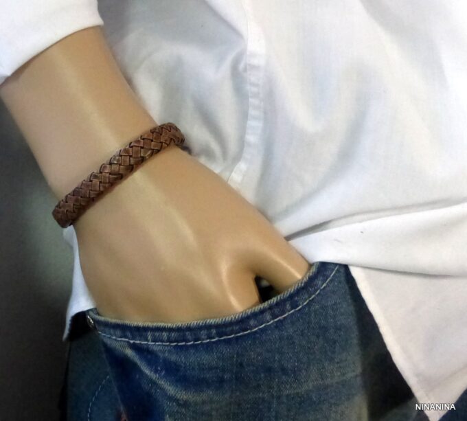 N3640m_bracelet_homme_cuir_tresse_fermoir_crochet_metal_argente
