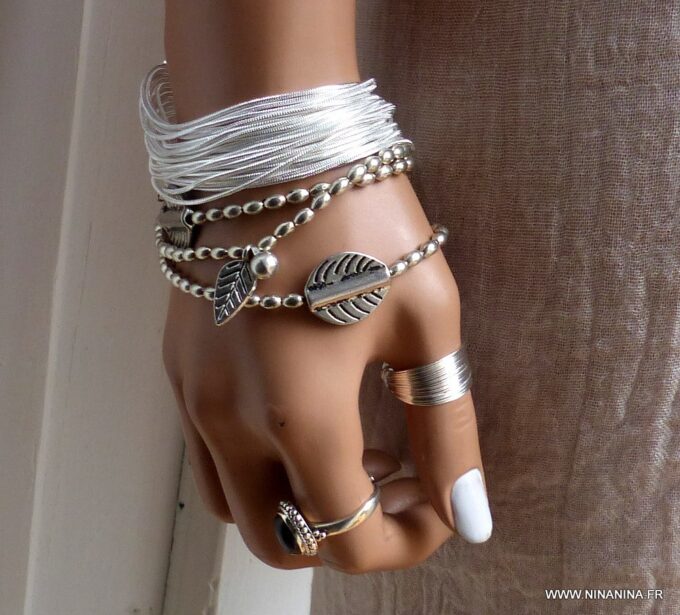 N3664_Bracelet_multi_rangs_maille_serpent_plaque_argent_-_Bijoux_Bracelets_en_ligne_ninanina