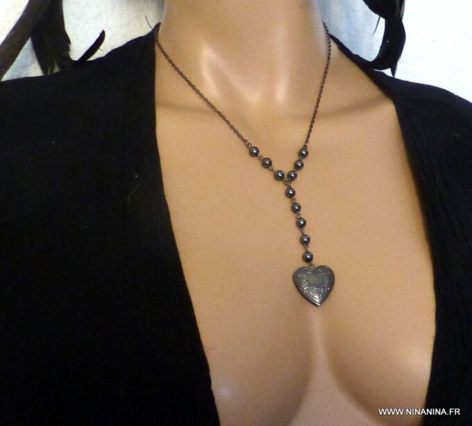 N3677B_Collier_lasso_perles_noires_coeur_metal_noir_porte_photo_-_Bijoux_en_ligne_NINANINA