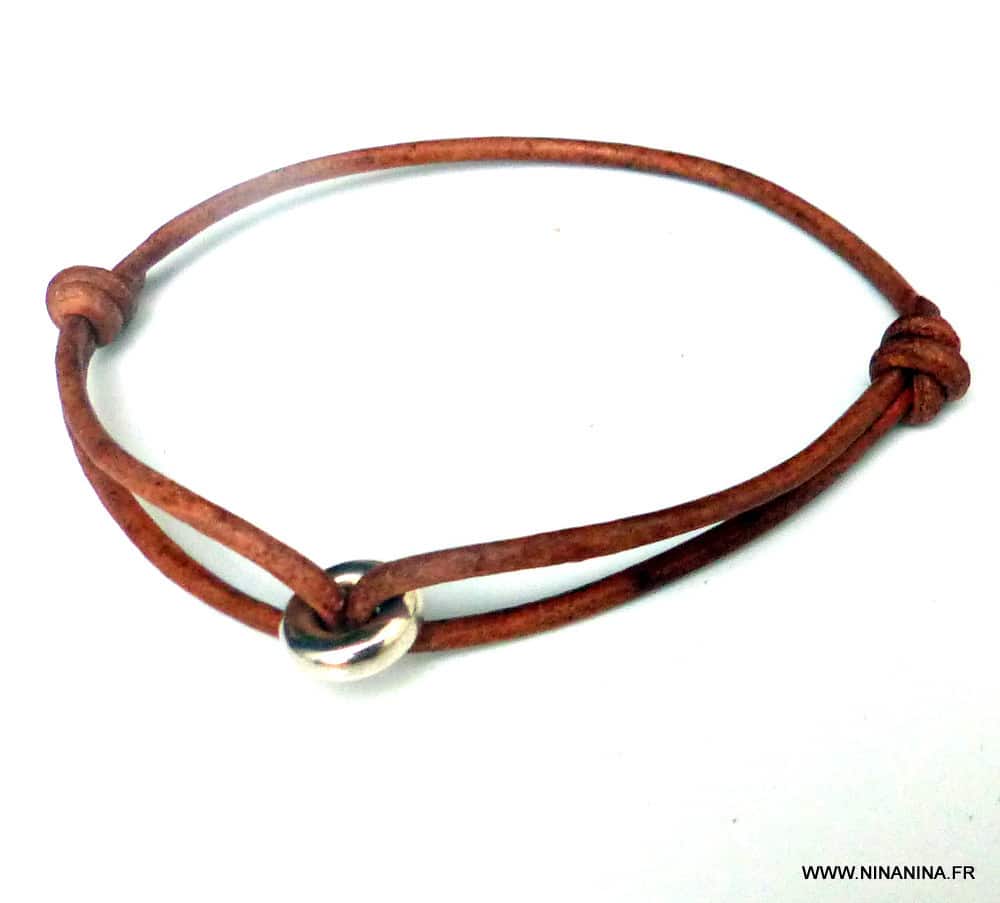 Bracelet donut rond Argent 925 massif Cordon Cuir réglable – Image 6