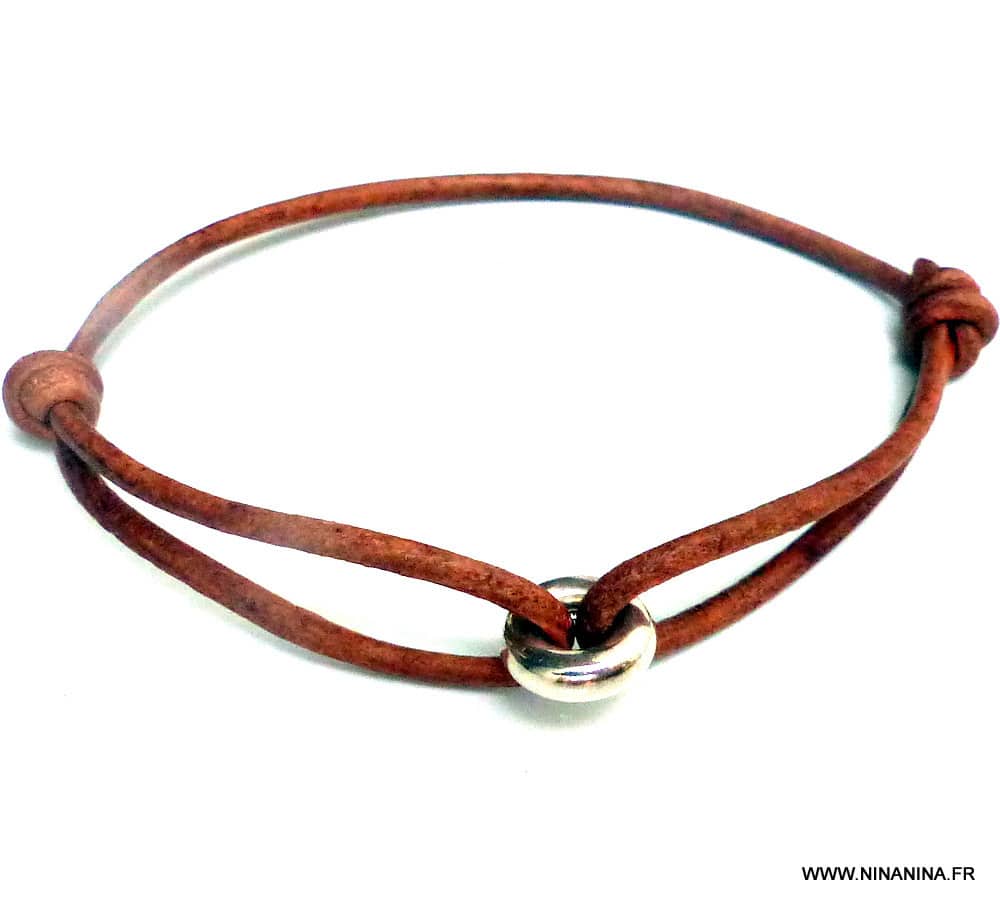 Bracelet donut rond Argent 925 massif Cordon Cuir réglable – Image 2