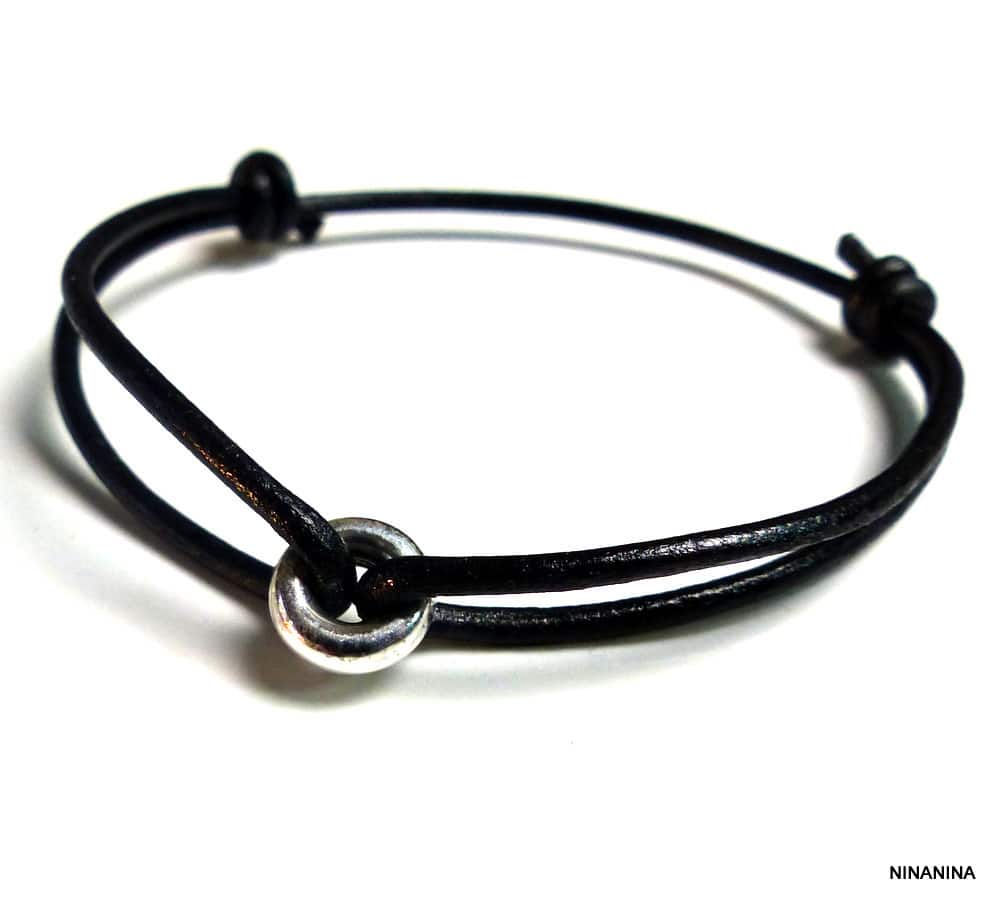 Bracelet donut rond Argent 925 massif Cordon Cuir réglable – Image 4