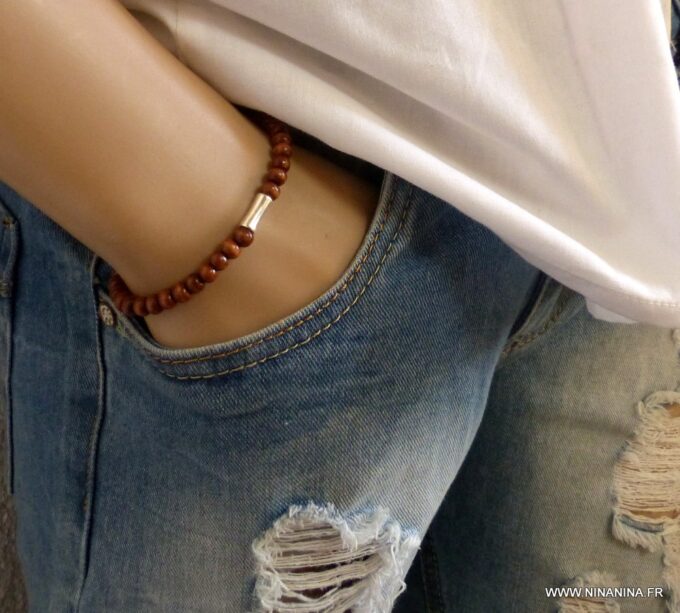 N3710f_Bracelet_homme_femme_elastique_strech_perles_bois_tube_metal_argent_NINANINA