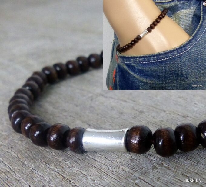 N3710terc_Bracelet_homme_perles_bois_tube_metal_argent