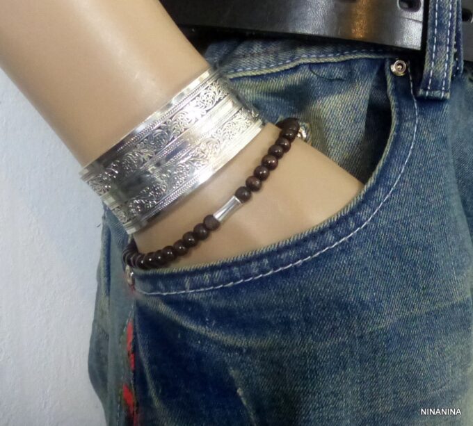 N3710terg_Bracelet_homme_perles_bois_tube_metal_argent