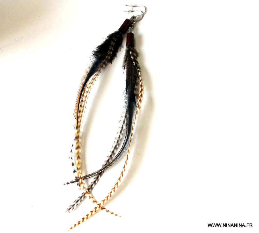 Boucles d'oreilles plumes longues et fines - Argent 925 massif et perles Bois – Image 4