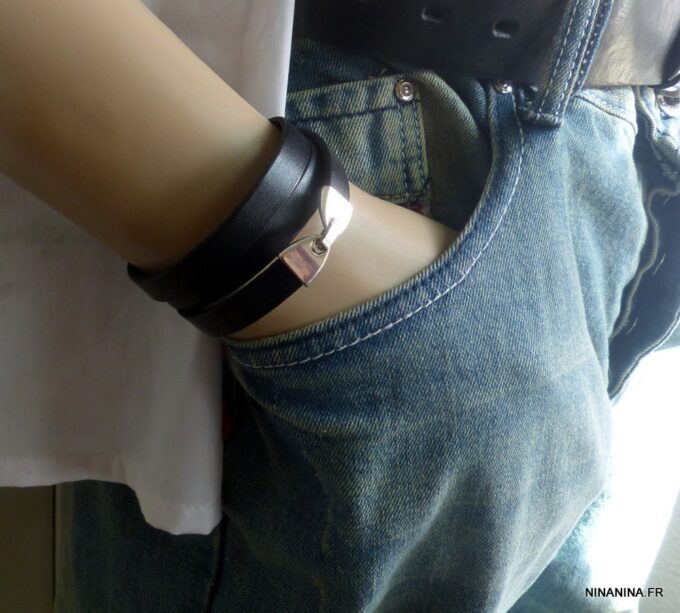 N3753B_Bracelet_homme_femme_cuir_noir_3_tours_message_personnalise_fermoir_metal_argente_NINANINA