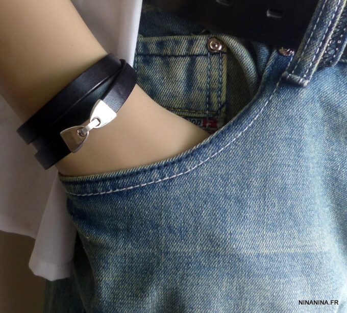N3753C_Bracelet_homme_femme_cuir_noir_3_tours_message_personnalise_fermoir_metal_argente_NINANINA