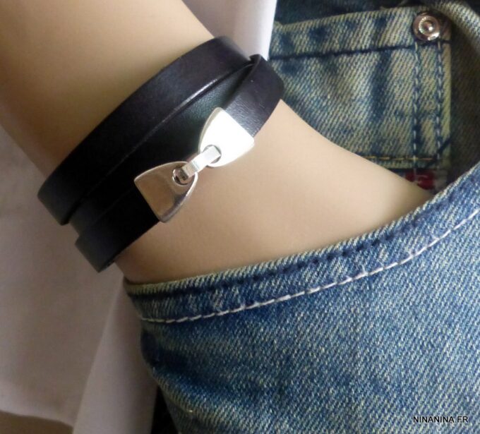 N3753_Bracelet_homme_femme_cuir_noir_3_tours_message_personnalise_fermoir_metal_argente_NINANINA