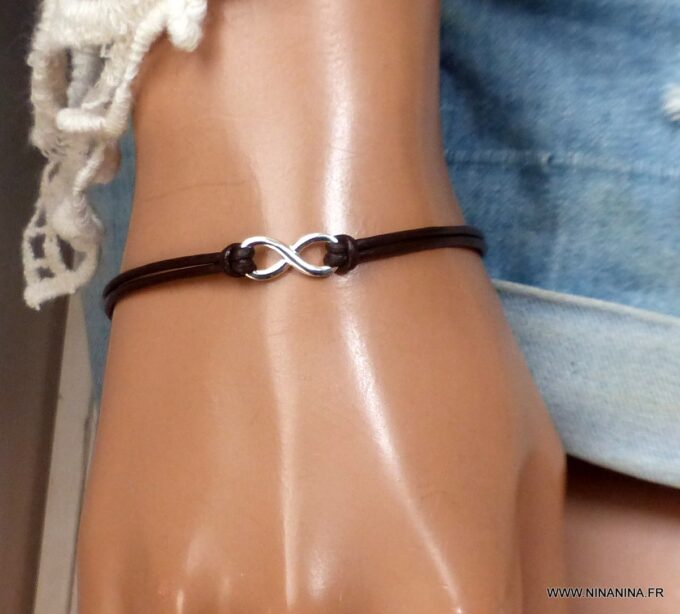 N3859c Bracelet infinity femme Argent 925 cordon cuir - Bijoux Bracelets en ligne Ninanina
