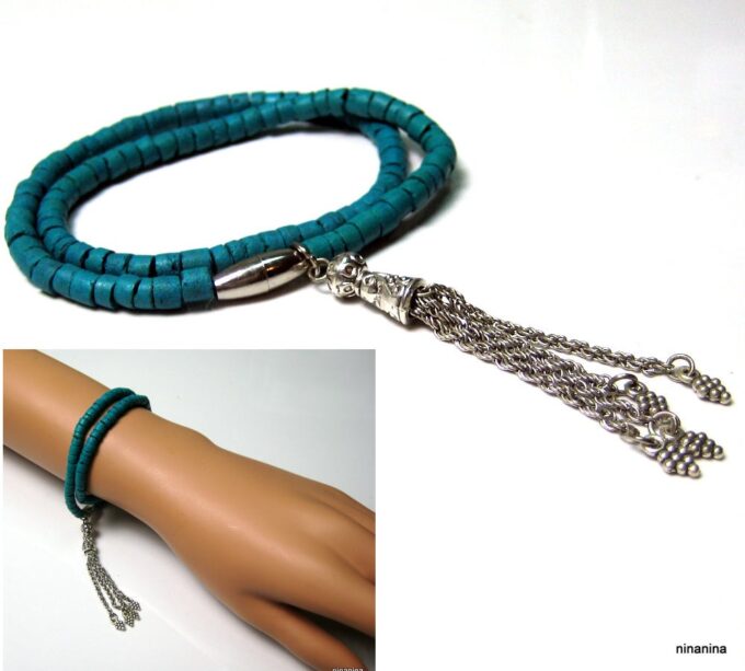 N3875c_bracelet_2_tours_coco_turquoise_pompon_argent