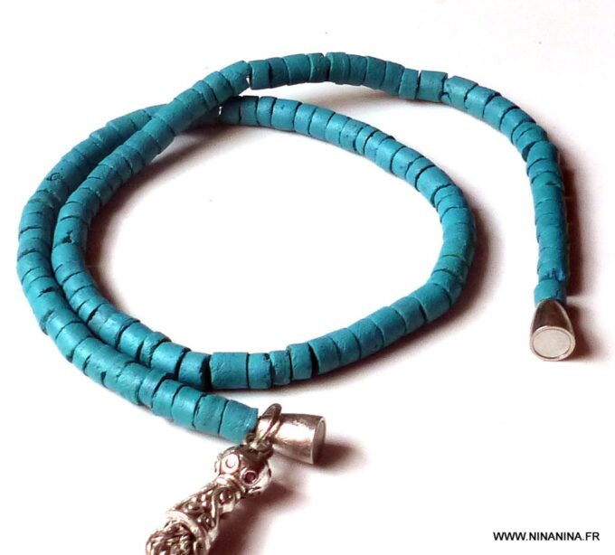 N3875d_Bracelet_wrap_2_tours_perles_coco_turquoise_et_pompon_metal_argente_-_Bijoux_en_ligne_NINANINA