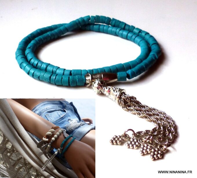 N3875n_Bracelet_wrap_2_tours_perles_coco_turquoise_et_pompon_metal_argente_-_Bijoux_en_ligne_NINANINA