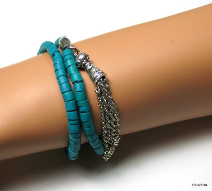 N3875u_bracelet_2_tours_coco_turquoise_pompon_argent