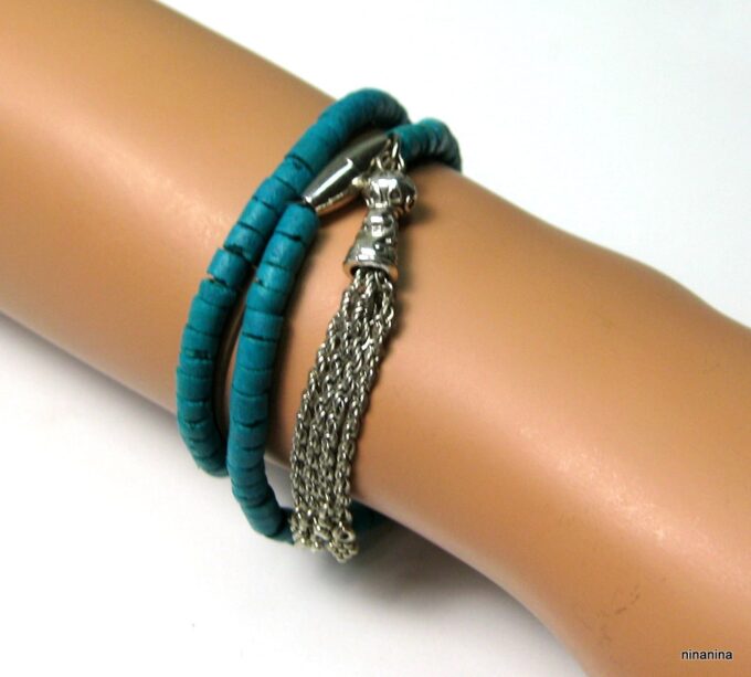 N3875v_bracelet_2_tours_coco_turquoise_pompon_argent