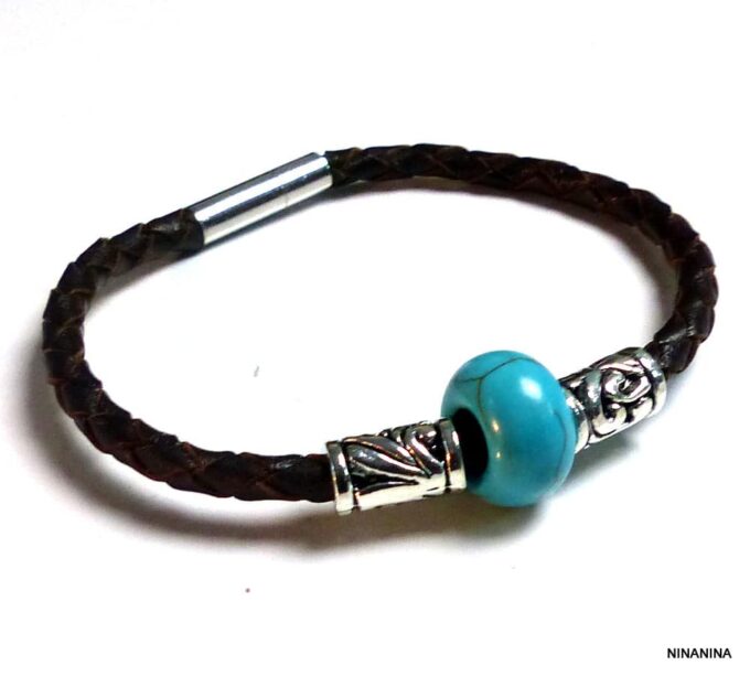 N3895ter_Bracelet_homme_cuir_tresse_rondelle_turquoise_tubes_metal_argente
