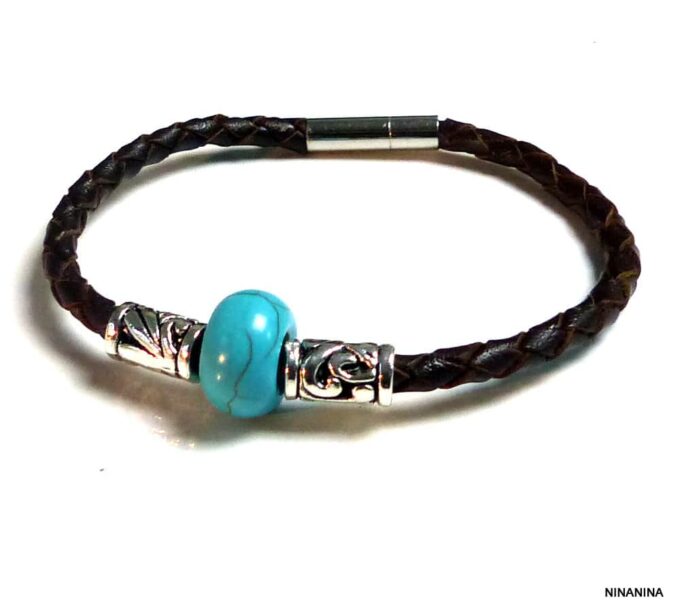 N3895tera_Bracelet_homme_cuir_tresse_rondelle_turquoise_tubes_metal_argente