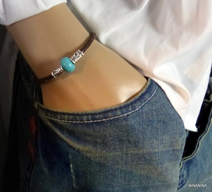 N3895terb_Bracelet_homme_cuir_tresse_rondelle_turquoise_tubes_metal_argente