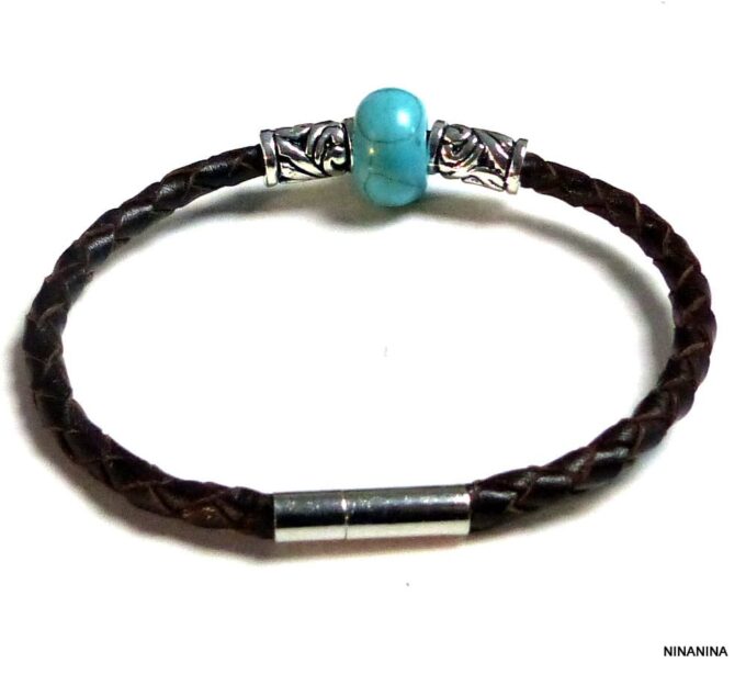 N3895terc_Bracelet_homme_cuir_tresse_rondelle_turquoise_tubes_metal_argente