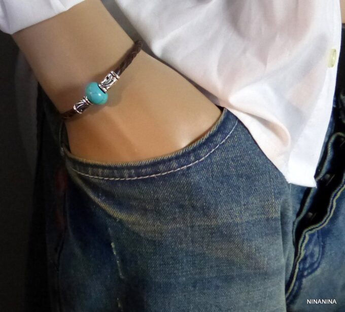 N3895terd_Bracelet_homme_cuir_tresse_rondelle_turquoise_tubes_metal_argente