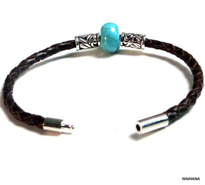 N3895tere_Bracelet_homme_cuir_tresse_rondelle_turquoise_tubes_metal_argente