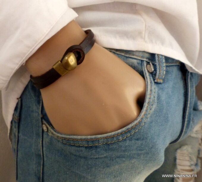 N3897e_Bracelet_homme_cuir_et_fermoir_metal_bronze_-_Bijoux_Bracelets_en_ligne_Ninanina