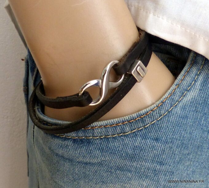N3912b_Bracelet_homme_infini_2_tours_cuir_lettre_personnalise_Acier_inoxydable_-_Bijoux_Bracelets_en_ligne_Ninanina