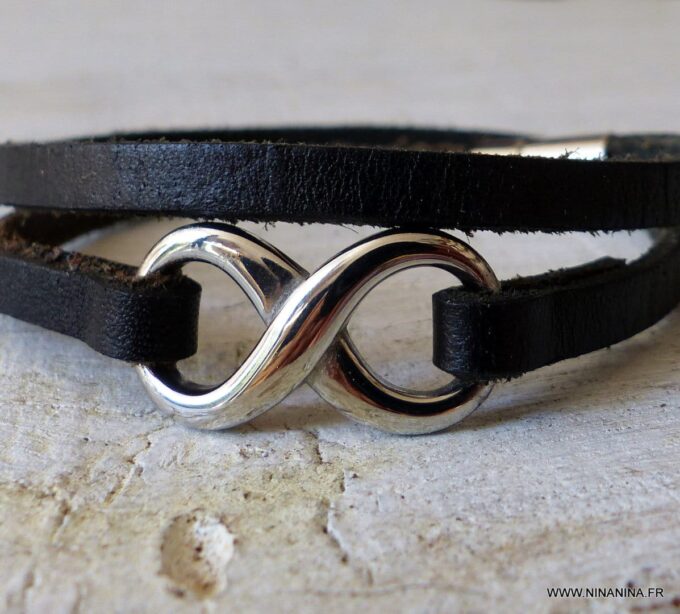 N3912c_Bracelet_homme_infini_2_tours_cuir_lettre_personnalise_Acier_inoxydable_-_Bijoux_Bracelets_en_ligne_Ninanina