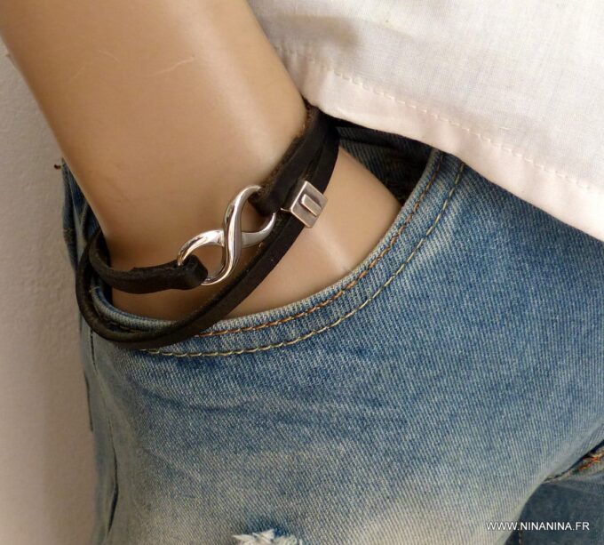 N3912d_Bracelet_homme_infini_2_tours_cuir_lettre_personnalise_Acier_inoxydable_-_Bijoux_Bracelets_en_ligne_Ninanina