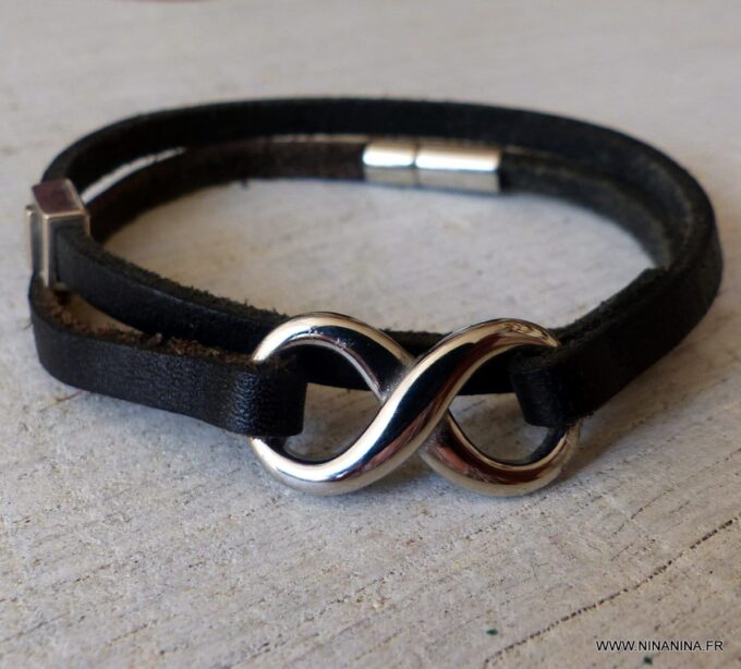 N3912e_Bracelet_homme_infini_2_tours_cuir_lettre_personnalise_Acier_inoxydable_-_Bijoux_Bracelets_en_ligne_Ninanina