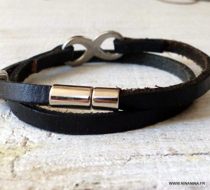 N3912h_Bracelet_homme_infini_2_tours_cuir_lettre_personnalise_Acier_inoxydable_-_Bijoux_Bracelets_en_ligne_Ninanina