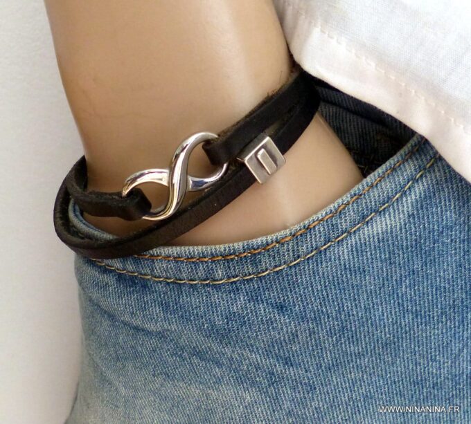 N3912i_Bracelet_homme_infini_2_tours_cuir_lettre_personnalise_Acier_inoxydable_-_Bijoux_Bracelets_en_ligne_Ninanina
