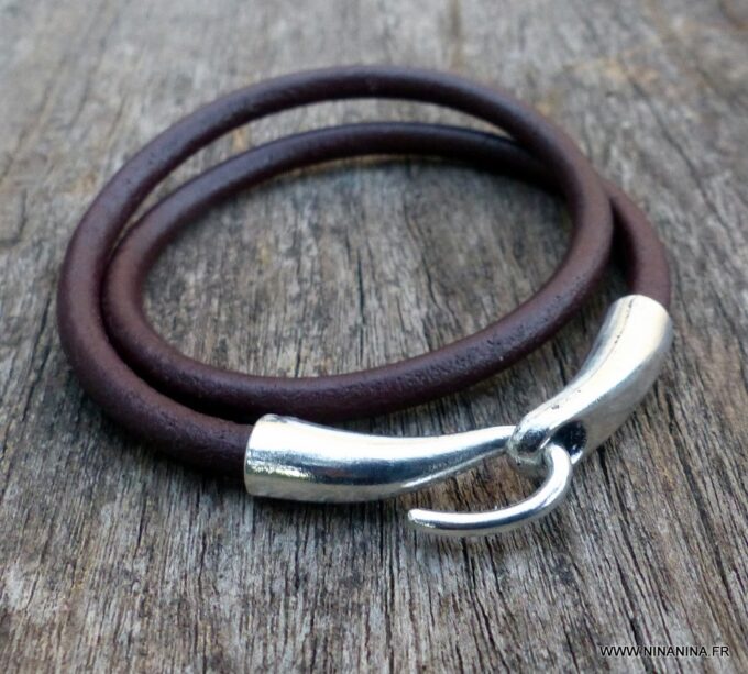N3923_Bracelet_2_tours_cuir_crochet_metal_argente_-_Bijoux_Bracelets_en_ligne_Ninanina