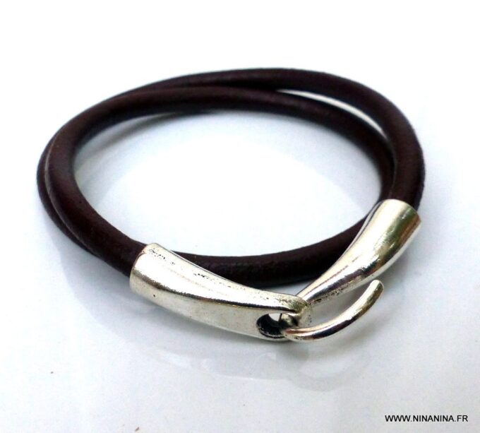 N3923a_Bracelet_2_tours_cuir_crochet_metal_argente_-_Bijoux_Bracelets_en_ligne_Ninanina