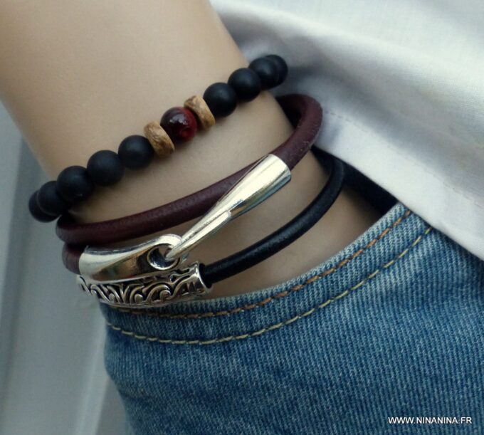 N3923b_Bracelet_2_tours_cuir_crochet_metal_argente_-_Bijoux_Bracelets_en_ligne_Ninanina