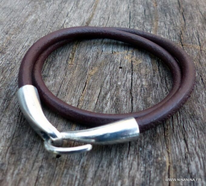 N3923c_Bracelet_2_tours_cuir_crochet_metal_argente_-_Bijoux_Bracelets_en_ligne_Ninanina