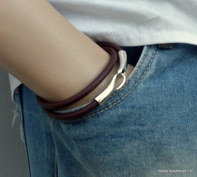 N3923d_Bracelet_2_tours_cuir_crochet_metal_argente_-_Bijoux_Bracelets_en_ligne_Ninanina