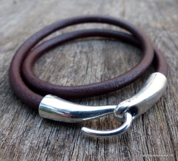 N3923e_Bracelet_2_tours_cuir_crochet_metal_argente_-_Bijoux_Bracelets_en_ligne_Ninanina