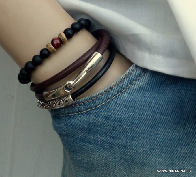 N3923f_Bracelet_2_tours_cuir_crochet_metal_argente_-_Bijoux_Bracelets_en_ligne_Ninanina