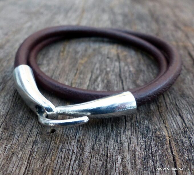 N3923g_Bracelet_2_tours_cuir_crochet_metal_argente_-_Bijoux_Bracelets_en_ligne_Ninanina
