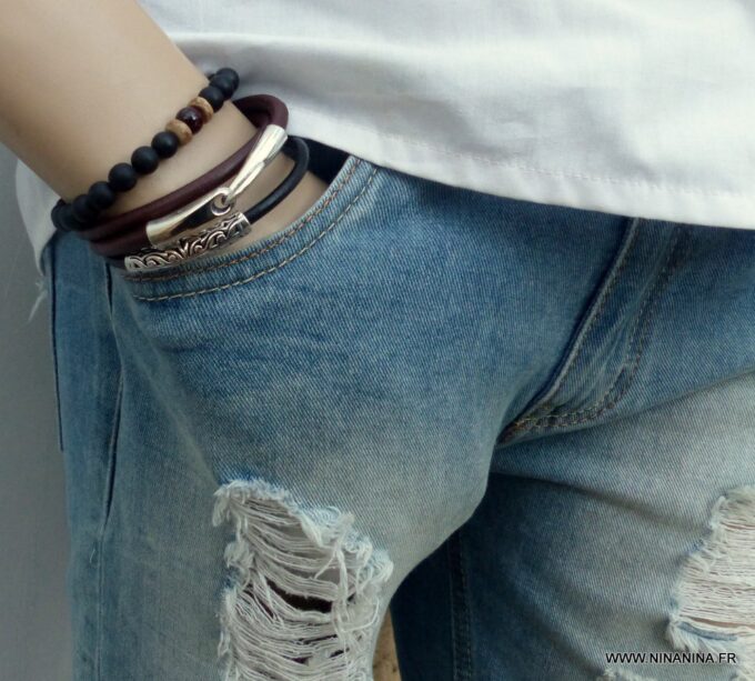 N3923h_Bracelet_2_tours_cuir_crochet_metal_argente_-_Bijoux_Bracelets_en_ligne_Ninanina