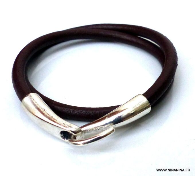N3923i_Bracelet_2_tours_cuir_crochet_metal_argente_-_Bijoux_Bracelets_en_ligne_Ninanina