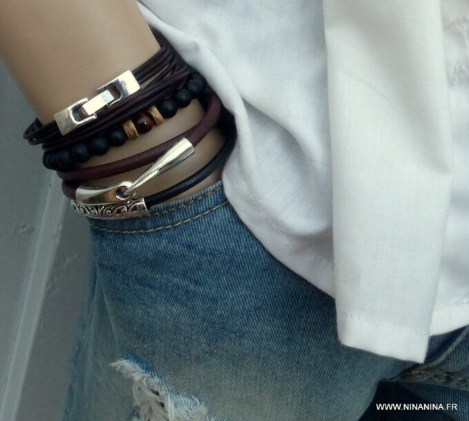 N3923j_Bracelet_2_tours_cuir_crochet_metal_argente_-_Bijoux_Bracelets_en_ligne_Ninanina