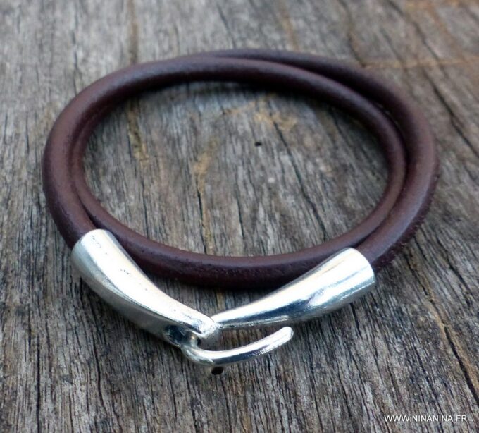 N3923k_Bracelet_2_tours_cuir_crochet_metal_argente_-_Bijoux_Bracelets_en_ligne_Ninanina