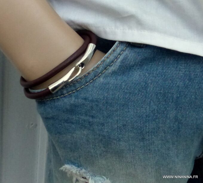 N3923l_Bracelet_2_tours_cuir_crochet_metal_argente_-_Bijoux_Bracelets_en_ligne_Ninanina