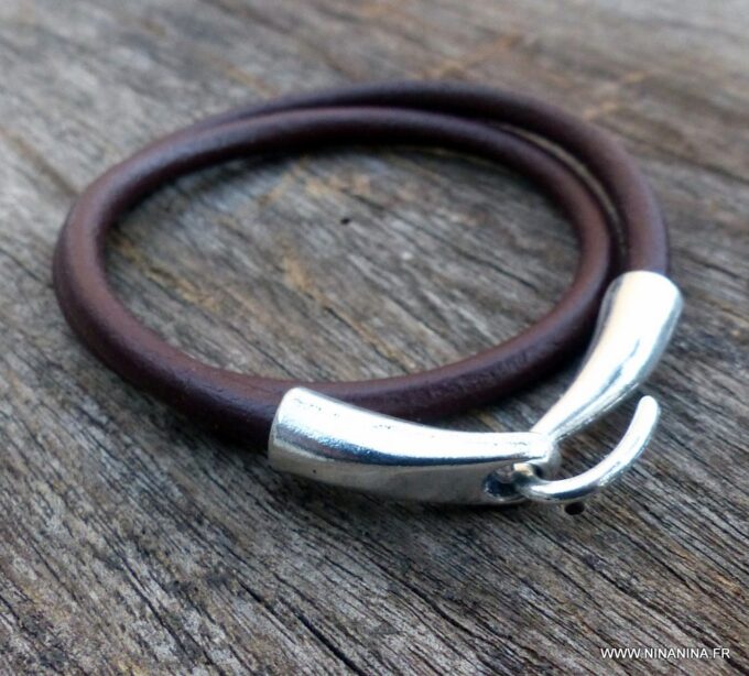 N3923m_Bracelet_2_tours_cuir_crochet_metal_argente_-_Bijoux_Bracelets_en_ligne_Ninanina